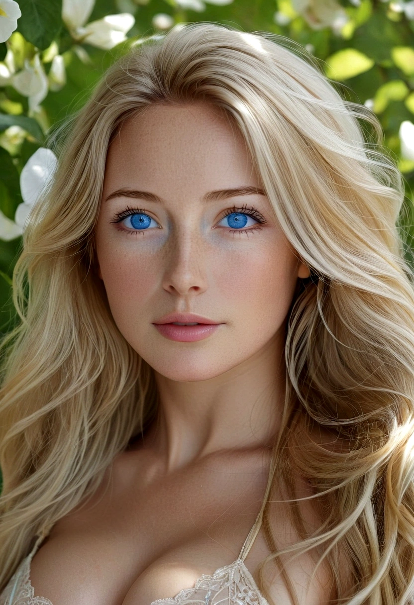 blonde woman blue eyes long hair natural breasts