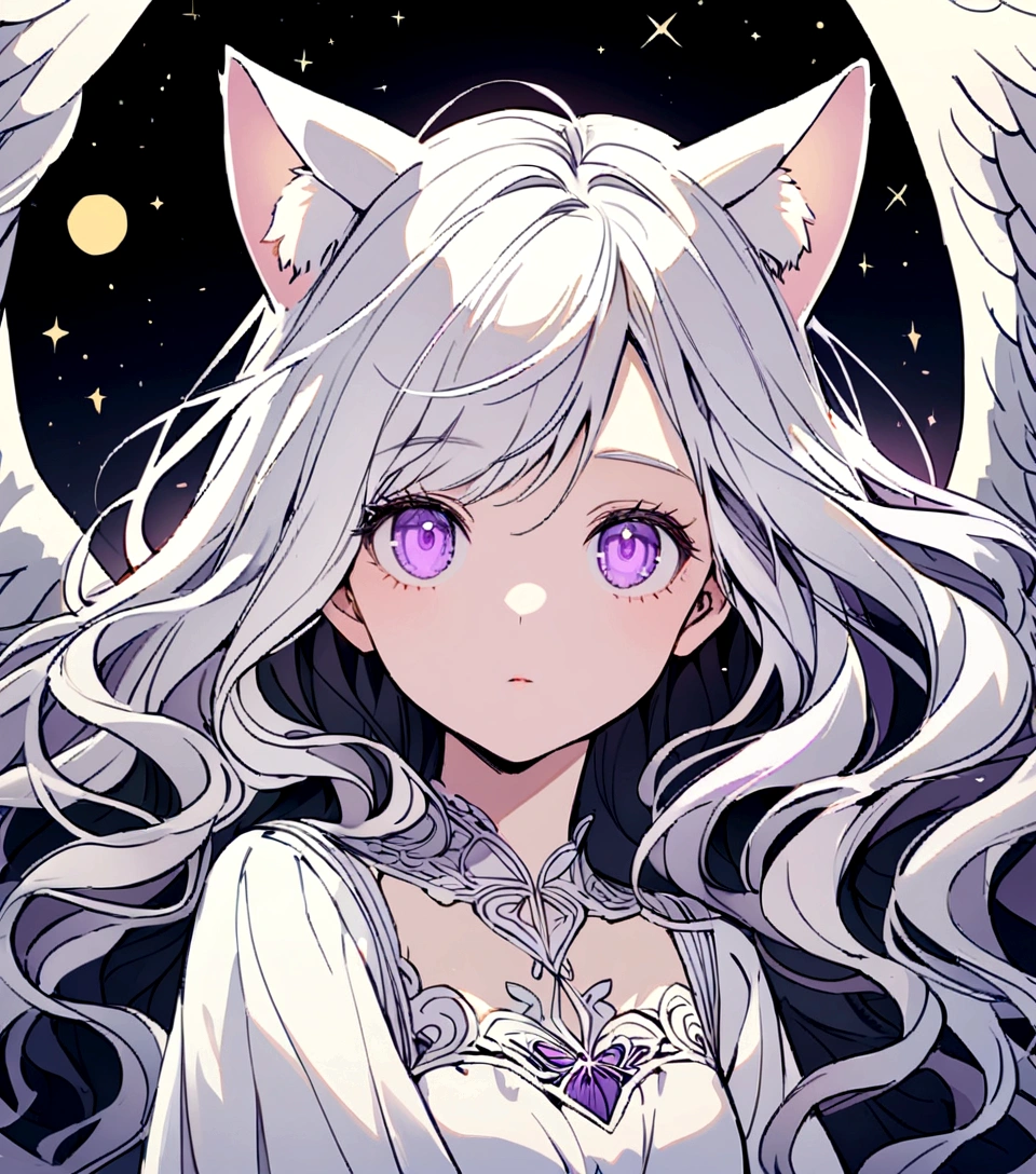 look at me,Face is close,look up,Long Wavy Hair,White hair is very attractive, Detailed and precise manual work, Attractive girl, White cat ears,Blown by the wind,Purple eyes and white eyelashes,light in your eyes,Big angel wings,A subject that stands out against the dark night sky, White Dress, Hand-drawn illustration