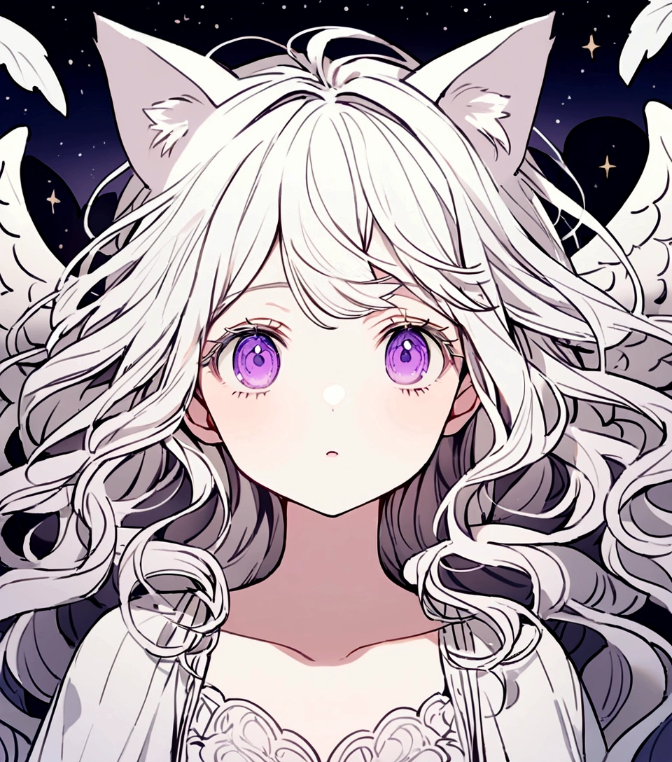 look at me,Face is close,look up,Long Wavy Hair,White hair is very attractive, Detailed and precise manual work, Attractive girl, White cat ears,Blown by the wind,Purple eyes and white eyelashes,light in your eyes,Big angel wings,A subject that stands out against the dark night sky, White Dress, Hand-drawn illustration