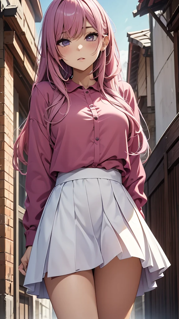 masterpiece, best quality, highres, absurdres, 1girl, crowd, skirt, pink hair, gasai yuno, from below, revealing clothes, skindentation, outdoors, sunlight, street, looking at viewer, blush,