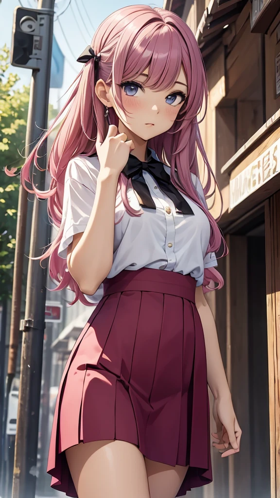 masterpiece, best quality, highres, absurdres, 1girl, crowd, skirt, pink hair, gasai yuno, from below, revealing clothes, skindentation, outdoors, sunlight, street, looking at viewer, blush,