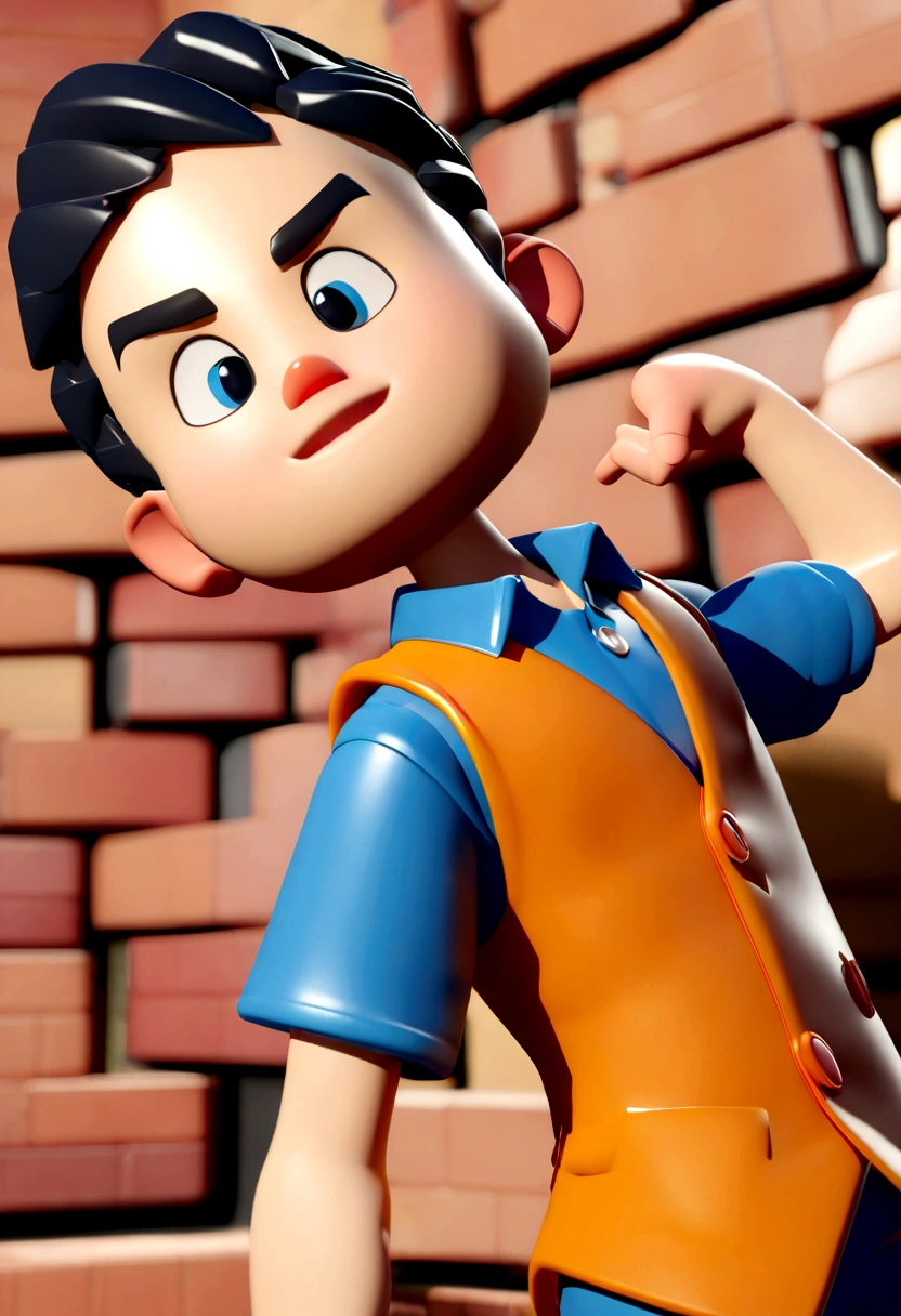 engineer character, with blue shirt and orange vest, bricks background, young man character, without glasses, close-up character, character pose, stylized character, animation style rendering, 3D stylized, Arnold Maya rendering, Render 3D stylized, Toon render keyshot, 3D character, 3D character, Stylized 3D rendering, 3d character rendering, 