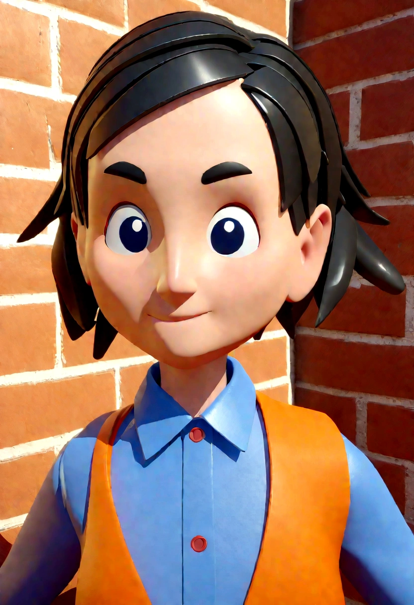 engineer character, with blue shirt and orange vest, bricks background, young man character, without glasses, close-up character, character pose, stylized character, animation style rendering, 3D stylized, Arnold Maya rendering, Render 3D stylized, Toon render keyshot, 3D character, 3D character, Stylized 3D rendering, 3d character rendering, 