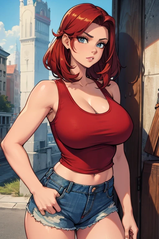super busty women wearing jean shorts and a red tank top
