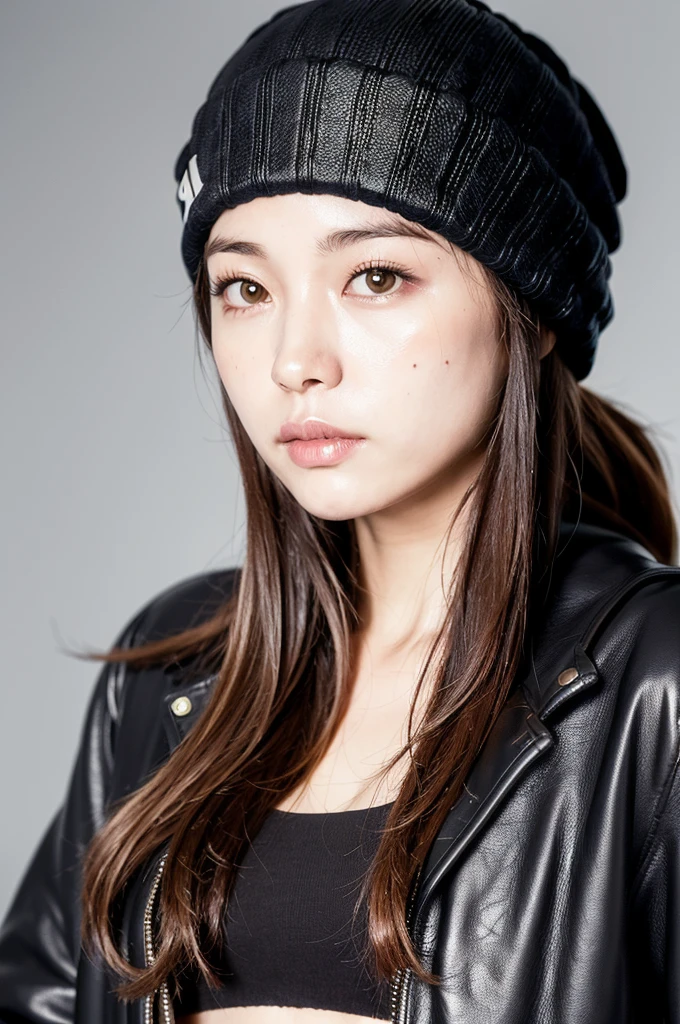 (
(8k:1.27), best quality, masterpiece, ultra highres:1.2) Photo of Pretty Japanese woman
 (beautiful:1.1) (sci-fi warrior woman:1.1) space soldier, (beanie:1.61) (leather jacket:1.21) intricate elegant, fantasy, detailed, gradient lighting, sports bra