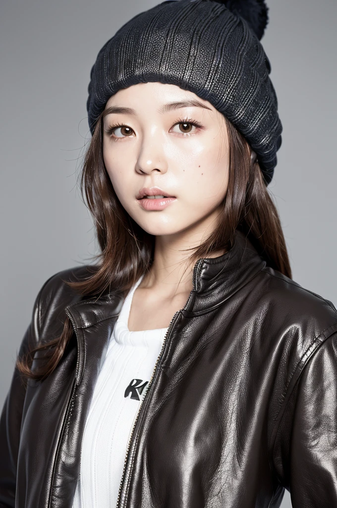 (
(8k:1.27), best quality, masterpiece, ultra highres:1.2) Photo of Pretty Japanese woman
 (beautiful:1.1) (sci-fi warrior woman:1.1) space soldier, (beanie:1.61) (leather jacket:1.21) intricate elegant, fantasy, detailed, gradient lighting, sports bra