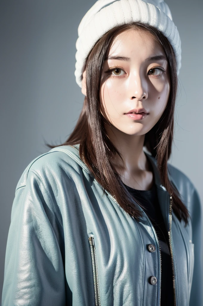 (
(8k:1.27), best quality, masterpiece, ultra highres:1.2) Photo of Pretty Japanese woman
 (beautiful:1.1) (sci-fi warrior woman:1.1) space soldier, (beanie:1.61) (leather jacket:1.21) intricate elegant, fantasy, detailed, gradient lighting, sports bra
