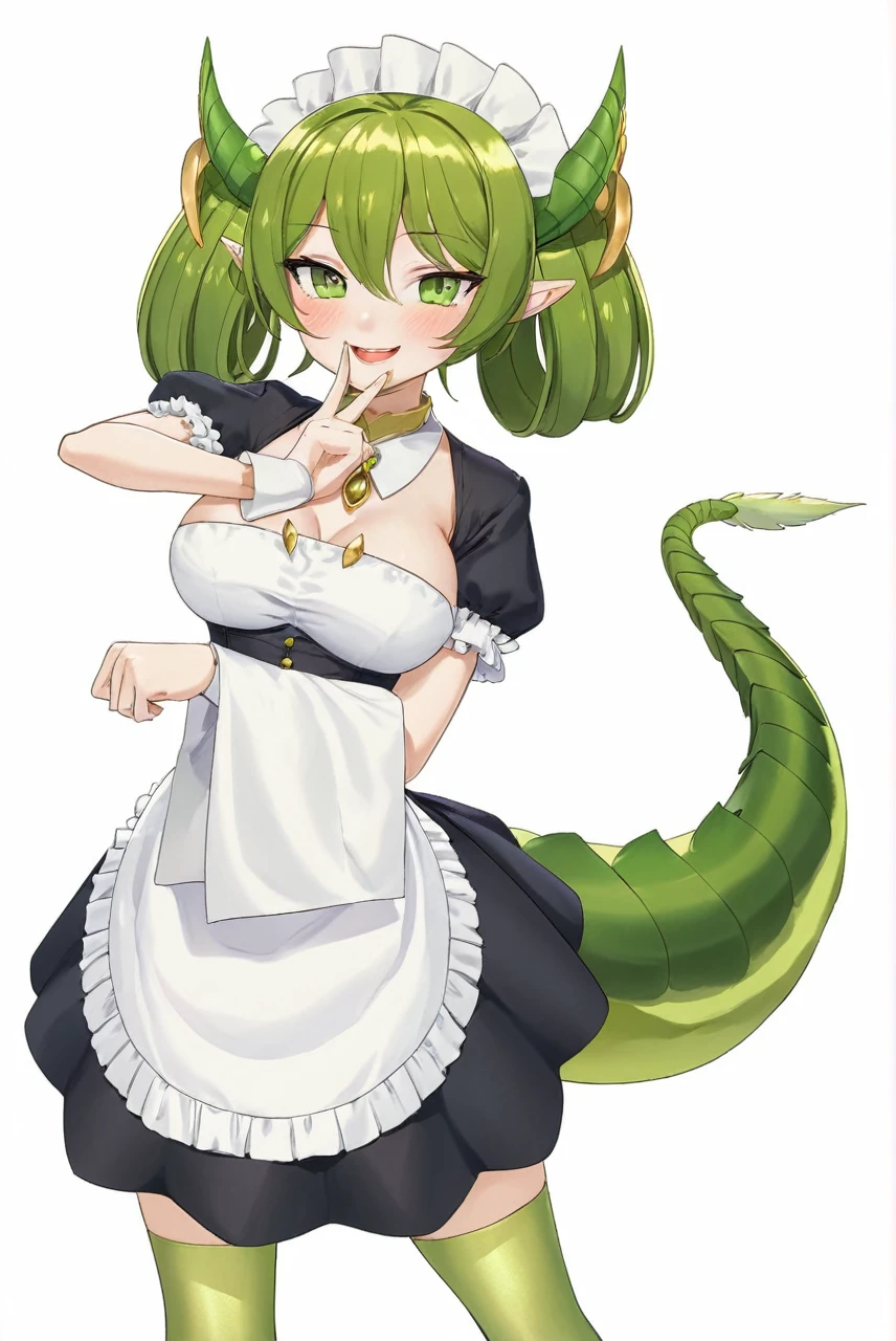 A maid stands beside a bed, illuminated by the soft morning light filtering through the curtains. She has long, soft green hair cascading over her shoulders and striking green eyes. Her white, smooth skin features patches of green scales on her wings, tail, cheeks, thighs, and the sides of her stomach. She also has small, curved horns on her head. Her wings are small and dragon-like, and her tail is covered in green scales. The scales on her body shimmer slightly in the light. She is wearing a black and white maid outfit designed to be both practical and alluring, with a form-fitting bodice and a short skirt that accentuates her graceful figure. Her outfit also has delicate lace trims and a small apron tied at the waist. Her expression is firm yet concerned as she looks down, focusing on her detailed and unique appearance. The room is softly lit with morning light, highlighting her striking features and the intricate details of her outfit and scales