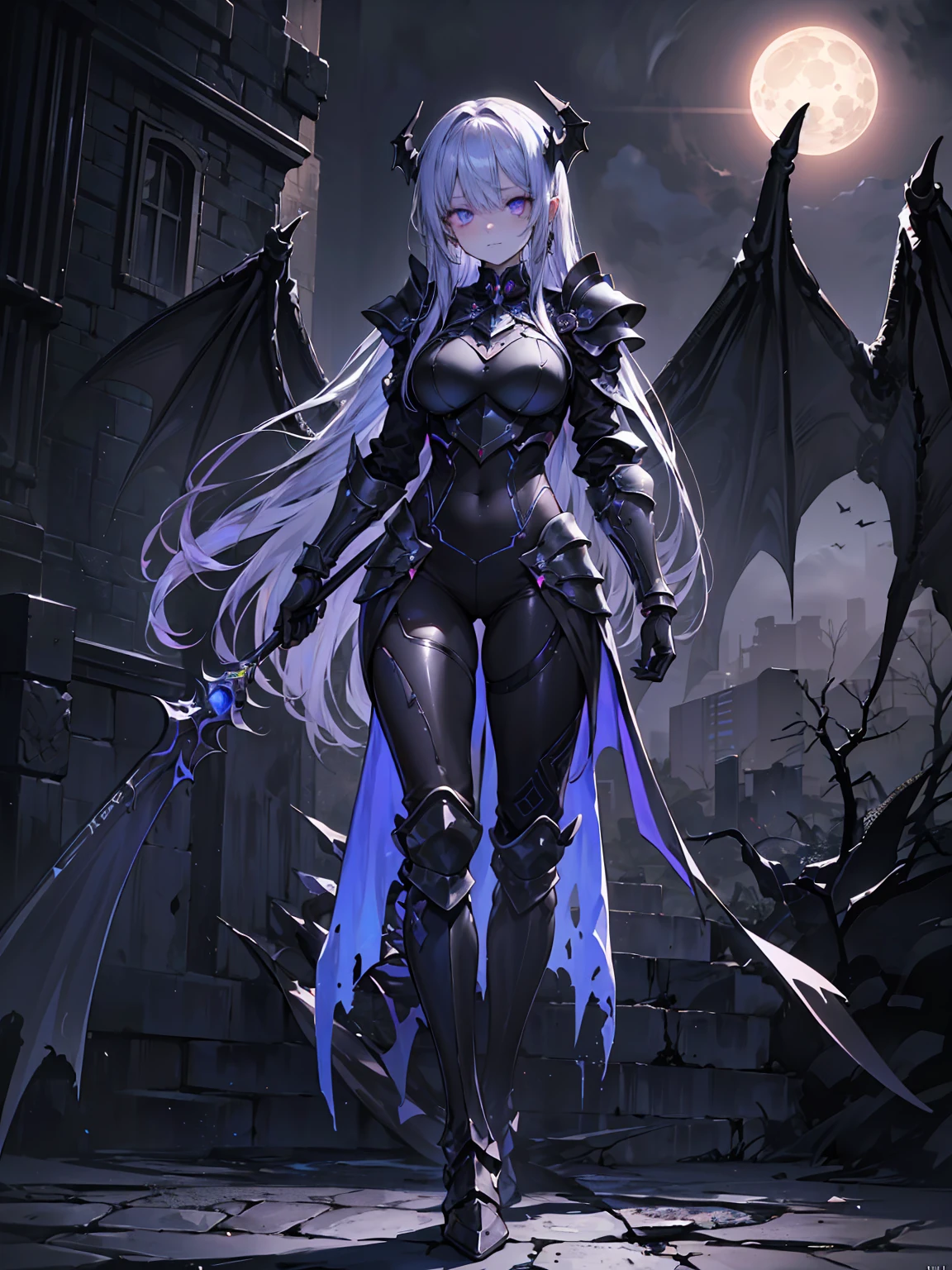 {{masterpiece, Highest quality, Highly detailed CG, unity 8k wallpaper,Anatomically correct,Super Resolution}},Award-winning photography,(Best lighting,Very delicate and beautiful),{One Girl,alone,Dragon Girl},Full body image,knight,(黒いLong Hair:1.5),Purple eyes,(Very beautiful精巧な顔:1.2), (Very beautiful、Fine grain:1.2),Perfect hands,Delicate legs,((Black Dragon Horn,Dragon Wing,1 dragon tail:1.2)),(amazing),Pointed Ears,Purple Earrings,Purple Jewelry,skinny,((Full body plate armor:1.2,breastplate,Shin Guards,Armored Boots,Armor gloves)),View your viewers,Dark person,evil,(cute:1.5),((night, Dark atmosphere, Dark Theme, Scary atmosphere, darkness:1.5)),Dramatic Shadows,(It&#39;s dim:1.5),(Purple luminous particles:1.4),Depth of written boundary,(Outdoor:1.5,Haunted Gothic Castle:1.2),{Perfect anatomy with maximum precision}、Blake、Dark Elf), Perfect Face, 優しいsmile、Get used to it, Ahoge, ((Long Hair:1.2)), (Hair above one eye:1.3), [[Messy Hair]], Shiny blonde white hair, Purple eyes, Variegated eyes, Colorful Hair, Shining Eyes, (eyelash, eye shadow, ピンク eye shadow), bright, smile, Design Art：Haruhiko Mikimoto, by Kawashi, By Yoshitaka Amano, Dark brown skin