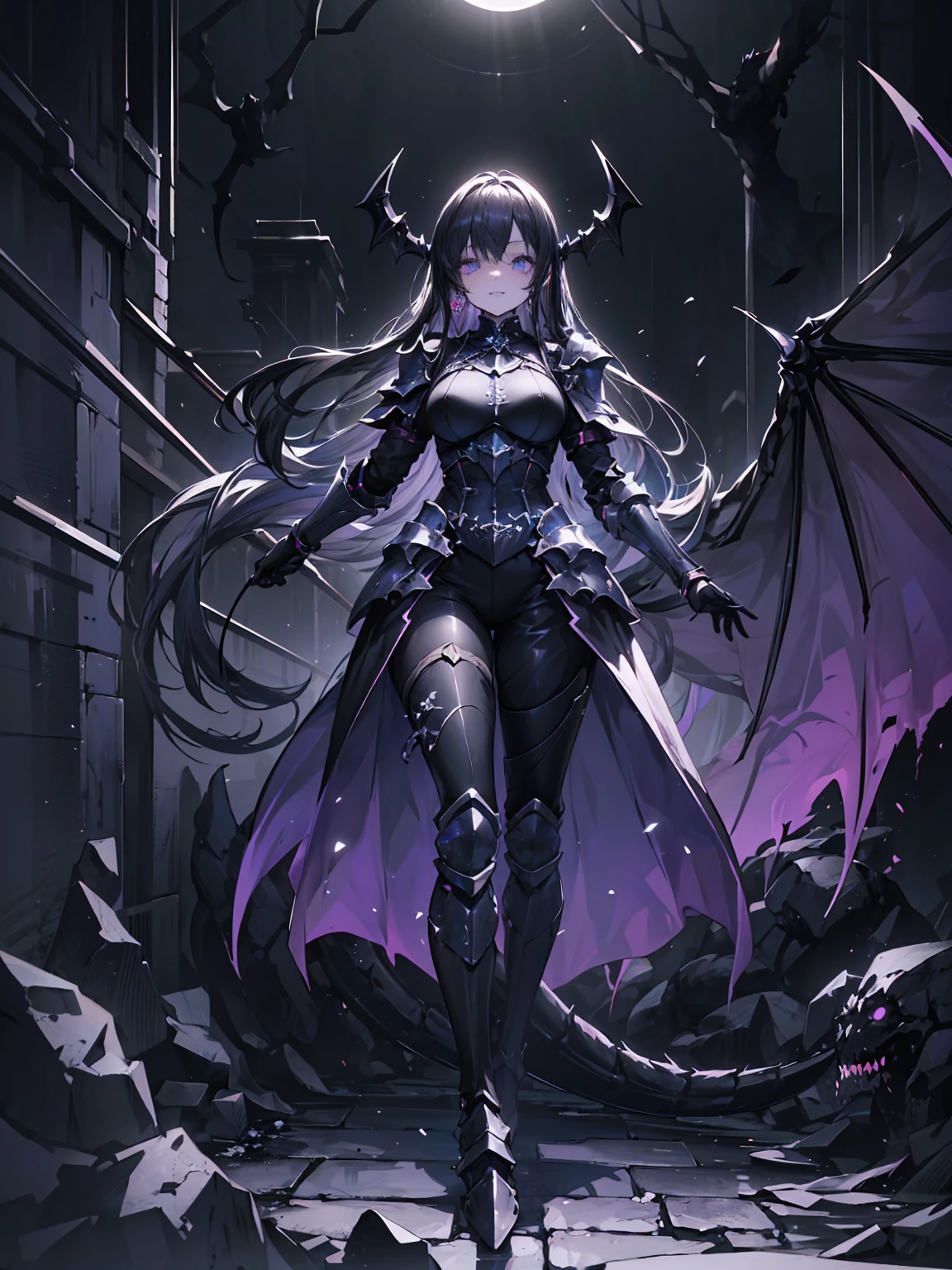 {{masterpiece, Highest quality, Highly detailed CG, unity 8k wallpaper,Anatomically correct,Super Resolution}},Award-winning photography,(Best lighting,Very delicate and beautiful),{One Girl,alone,Dragon Girl},Full body image,knight,(黒いLong Hair:1.5),Purple eyes,(Very beautiful精巧な顔:1.2), (Very beautiful、Fine grain:1.2),Perfect hands,Delicate legs,((Black Dragon Horn,Dragon Wing,1 dragon tail:1.2)),(amazing),Pointed Ears,Purple Earrings,Purple Jewelry,skinny,((Full body plate armor:1.2,breastplate,Shin Guards,Armored Boots,Armor gloves)),View your viewers,Dark person,evil,(cute:1.5),((night, Dark atmosphere, Dark Theme, Scary atmosphere, darkness:1.5)),Dramatic Shadows,(It&#39;s dim:1.5),(Purple luminous particles:1.4),Depth of written boundary,(Outdoor:1.5,Haunted Gothic Castle:1.2),{Perfect anatomy with maximum precision}、Blake、Dark Elf), Perfect Face, 優しいsmile、Get used to it, Ahoge, ((Long Hair:1.2)), (Hair above one eye:1.3), [[Messy Hair]], Shiny blonde white hair, Purple eyes, Variegated eyes, Colorful Hair, Shining Eyes, (eyelash, eye shadow, ピンク eye shadow), bright, smile, Design Art：Haruhiko Mikimoto, by Kawashi, By Yoshitaka Amano, Dark brown skin