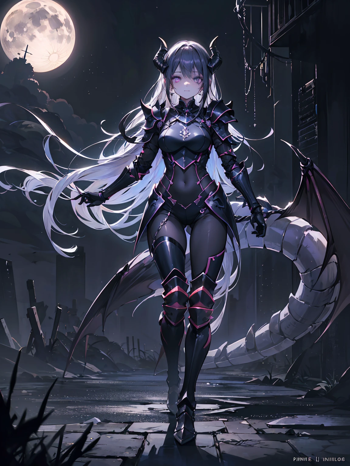 {{masterpiece, Highest quality, Highly detailed CG, unity 8k wallpaper,Anatomically correct,Super Resolution}},Award-winning photography,(Best lighting,Very delicate and beautiful),{One Girl,alone,Dragon Girl},Full body image,knight,(黒いLong Hair:1.5),Purple eyes,(Very beautiful精巧な顔:1.2), (Very beautiful、Fine grain:1.2),Perfect hands,Delicate legs,((Black Dragon Horn,Dragon Wing,1 dragon tail:1.2)),(amazing),Pointed Ears,Purple Earrings,Purple Jewelry,skinny,((Full body plate armor:1.2,breastplate,Shin Guards,Armored Boots,Armor gloves)),View your viewers,Dark person,evil,(cute:1.5),((night, Dark atmosphere, Dark Theme, Scary atmosphere, darkness:1.5)),Dramatic Shadows,(It&#39;s dim:1.5),(Purple luminous particles:1.4),Depth of written boundary,(Outdoor:1.5,Haunted Gothic Castle:1.2),{Perfect anatomy with maximum precision}、Blake、Dark Elf), Perfect Face, 優しいsmile、Get used to it, Ahoge, ((Long Hair:1.2)), (Hair above one eye:1.3), [[Messy Hair]], Shiny blonde white hair, Purple eyes, Variegated eyes, Colorful Hair, Shining Eyes, (eyelash, eye shadow, ピンク eye shadow), bright, smile, Design Art：Haruhiko Mikimoto, by Kawashi, By Yoshitaka Amano, Dark brown skin