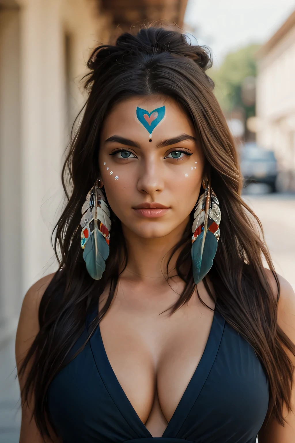 instagram photo, 18 years old, italian woman, ((long brown hair)), ((dark blue eyes)), , (((supermodel face))), ((american indian disguise)), (cleavage), hard shadows, [8K, Best Quality, Masterpiece, Ultra High Resolution, (highly detailed CG unity 8k wallpaper), (best photo), (best shadows), isometric 3D, octane rendering, ray tracing, highly detailed, Realistic hands. Blurred foreground], american indian village, (american indian face painted),