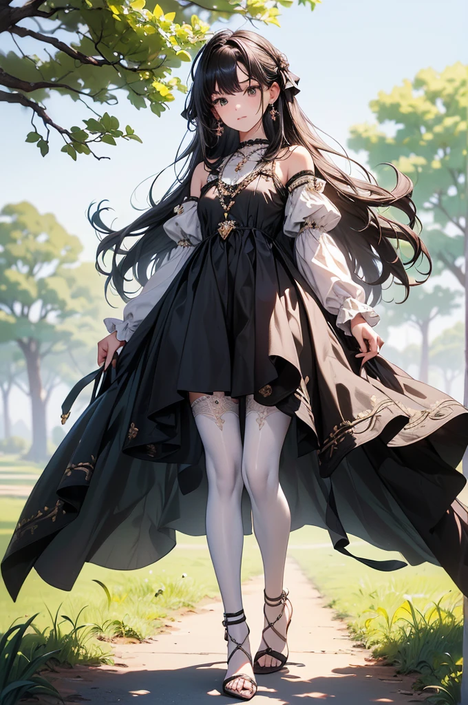 ((Biologically correct limb count))、((Full Body Shot, Full-body photo including face、Head to toe photos))、4K、masterpiece、((Focus on the face))、((Symmetrical facial features))、Eyes of meticulous depiction、One beautiful woman、Excellent style、((stockings、Princess line dress、High heels、Lace pants))、Detailed Description、Small earrings、necklace、((Looking up in the park early in the morning))、Low-angle full-body close-up photo、(Panty shot)、Focus on the face、green paper