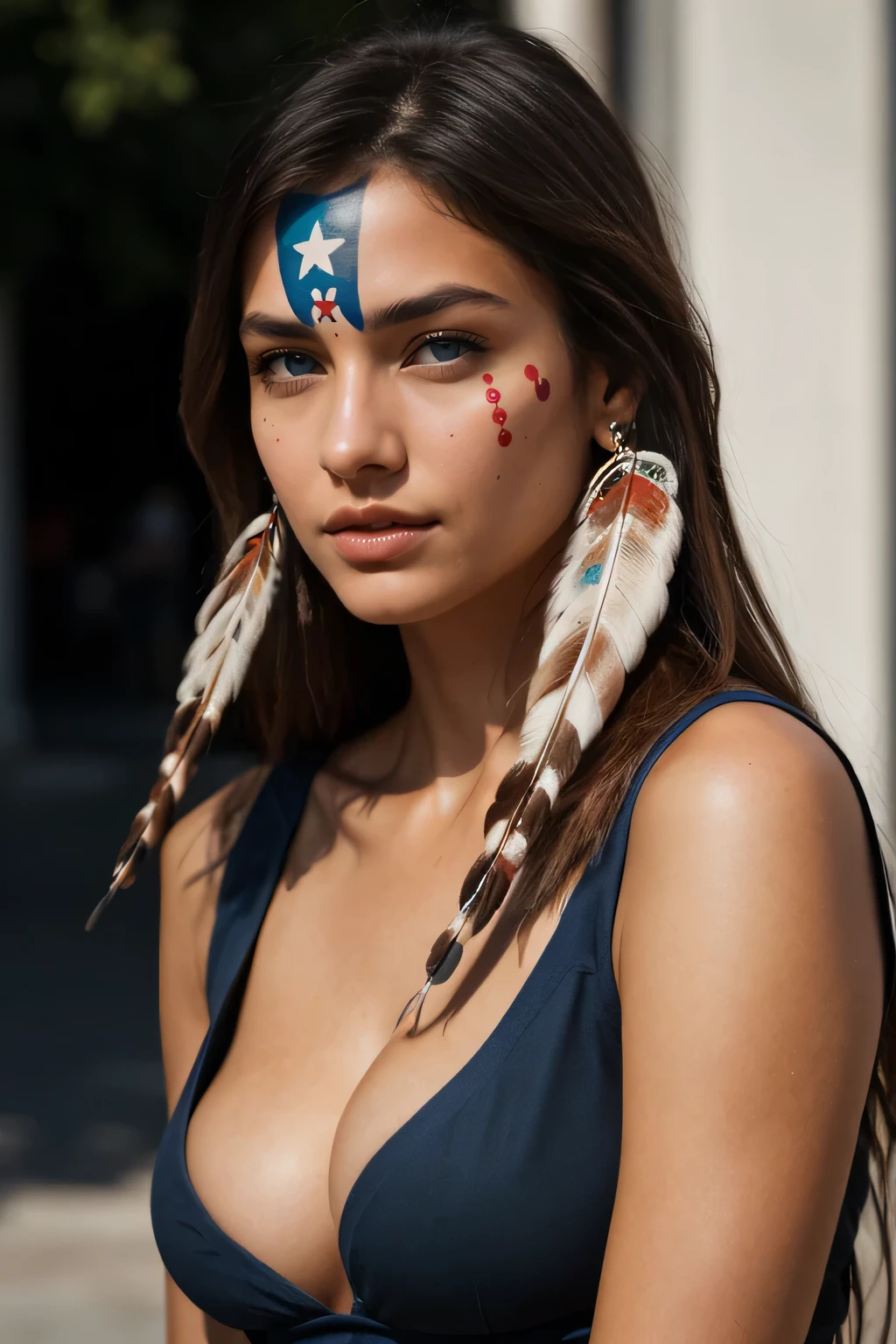 instagram photo, 18 years old, italian woman, ((long brown hair)), ((dark blue eyes)), , (((supermodel face))), ((american indian disguise)), (cleavage), hard shadows, [8K, Best Quality, Masterpiece, Ultra High Resolution, (highly detailed CG unity 8k wallpaper), (best photo), (best shadows), isometric 3D, octane rendering, ray tracing, highly detailed, Realistic hands. Blurred foreground], american indian village, (american indian face painted),