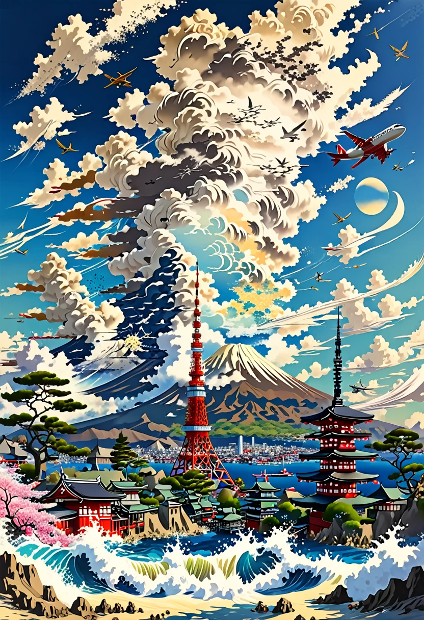 Japanese Landscape,Ocean,Fuji Mountain,Tokyo Tower,plane,Kyoto,Asakusa,Osaka,Fukuoka,Style of Japan painting,Crashing Waves,エメラルドブルーのOceanの背景,Cumulonimbus cloud debris,Highest quality,Ultra-high resolution,Golden Ratio,Maximum Coefficient,Cappadocia