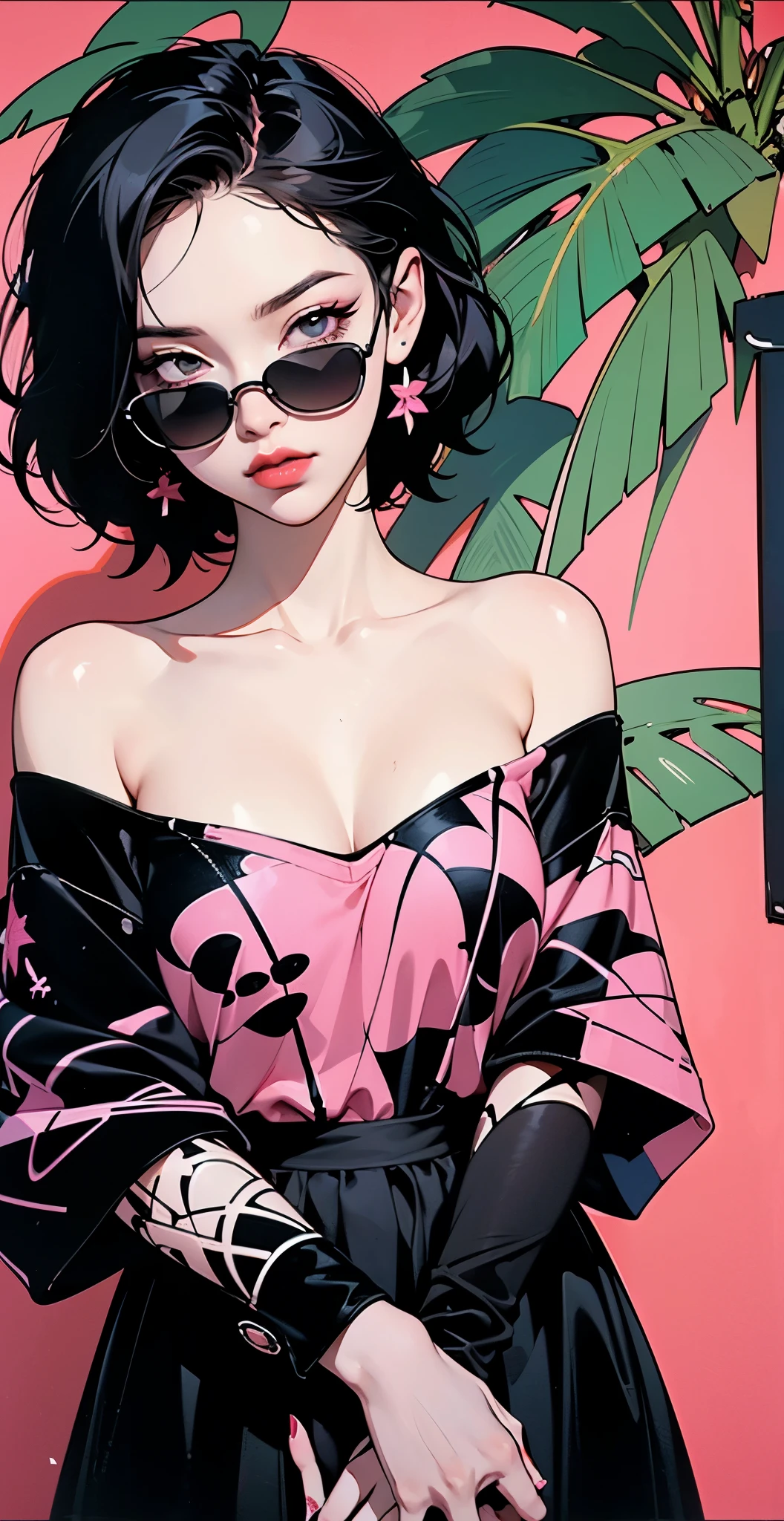 ((Lisa Black Pink)) in a dress standing in front of simple background, up close, ((Art style by Patrick Nagel)), ((8k, wallpaper, detailed)), dark sunglasses, korean pop-star, black hair, pretty hands, fringe, simple red background, palm trees, (graffiti wall:1.2), strong, courageous, art by Patrick Nagel, album art cover