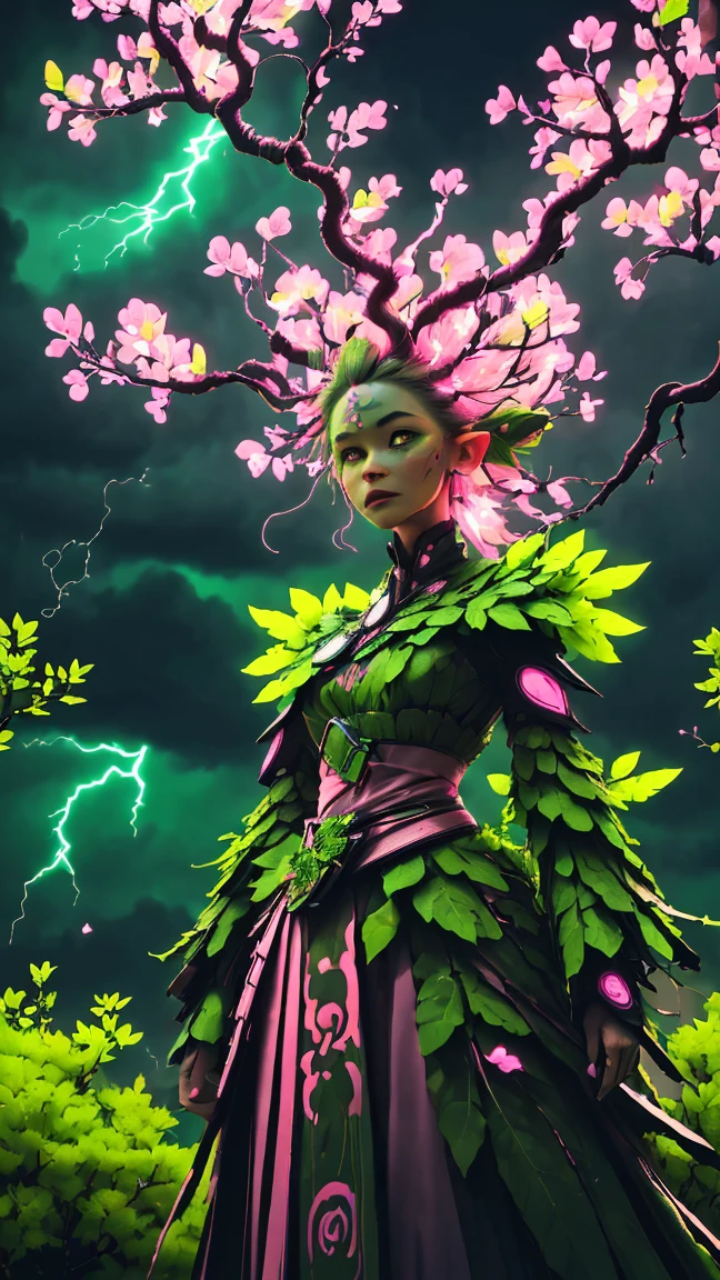 A woman in a green and pink outfit standing in front of a tree Plant Maiden,metal leaf,Wired branch,glowing light eyeechanical bark,bark covered with moss,tribe outfit,majestic figure,(ancient tribal markings),Control the tendrils extending from the arms,Neon lights dance on the body,(Lightning around branches and leaves),(peach blossom),The petals are soft and delicate,vibrant with colors,(A harmonious blend of green and pink),(Ominous dark clouds in the sky),Night atmosphere,A futuristic,Vibrant colors and high-contrast lighting,Dramatic shadows and highlights.(Best quality at best, 4K, 8K, tmasterpiece: 1.2), (actual, photograph realistic, photograph realistic: 1.37)