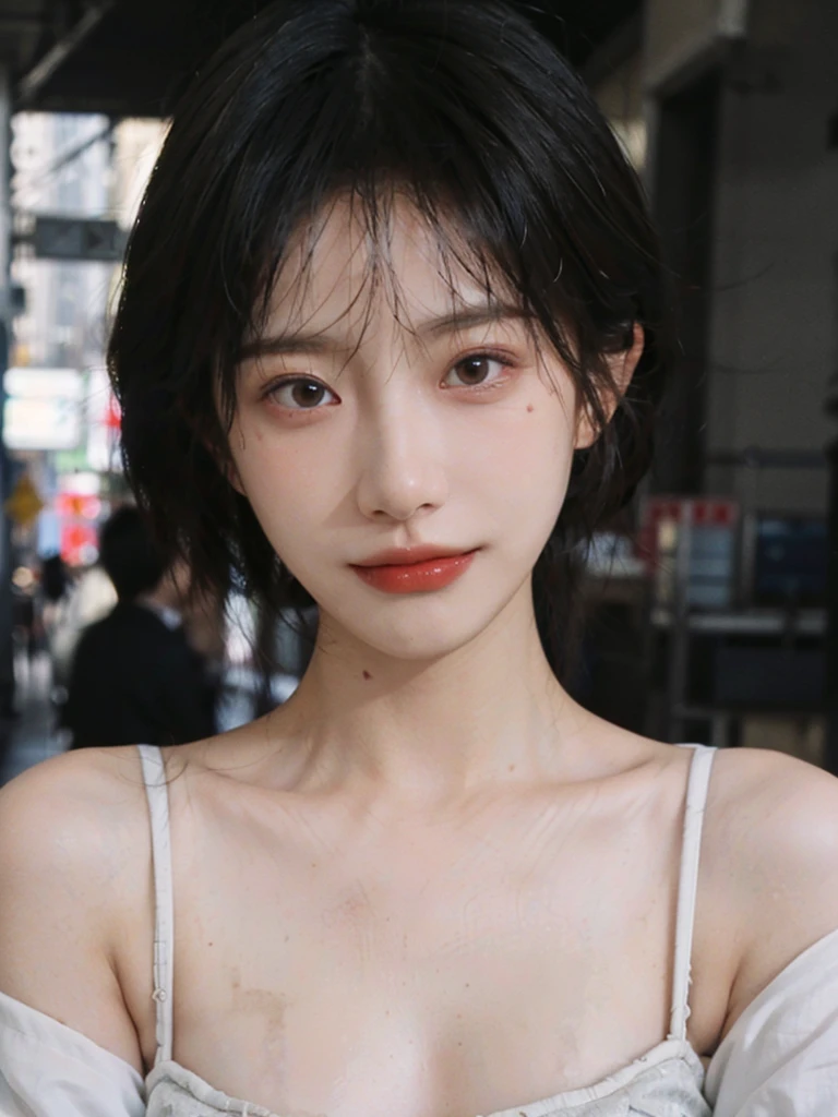 (Skin details:1.4), (smooth skin textures:1.3), (Upper body:1.4),(Upper Body:1.3)Lipstick, background, earrings, serene, calm, Suspenders,(Realistic and detailed eyes:1.2), Natural skin texture, Realistic facial details, Soft dramatic lighting, Vivid details, 35 mm film, outdoor, (Photo Practical:1.4), (hyper Practical:1.4), (Practical:1.3), (Smoother lighting:1.05), (Improve lighting quality:0.9), (Highest quality real skin textures:1.4), Exquisite eyes, Delicate face, Close-up of face, (Enhance the beauty of skin texture:1.1), Hair details,(Large Breasts:1.3)normal body ratio, short hair, Moles under the eyes, A faint smile,Portrait Photography, Depth of Field, Bokeh, Surrealism, Ray Tracing, (Portrait Photography:1.1), Surrealism, High Detail, Chiaroscuro, Ray Tracing, reflected light, Ultra HD, Ultra HD, masterpiece, Textured Skin, Super Detail, High Detail, high quality, best quality