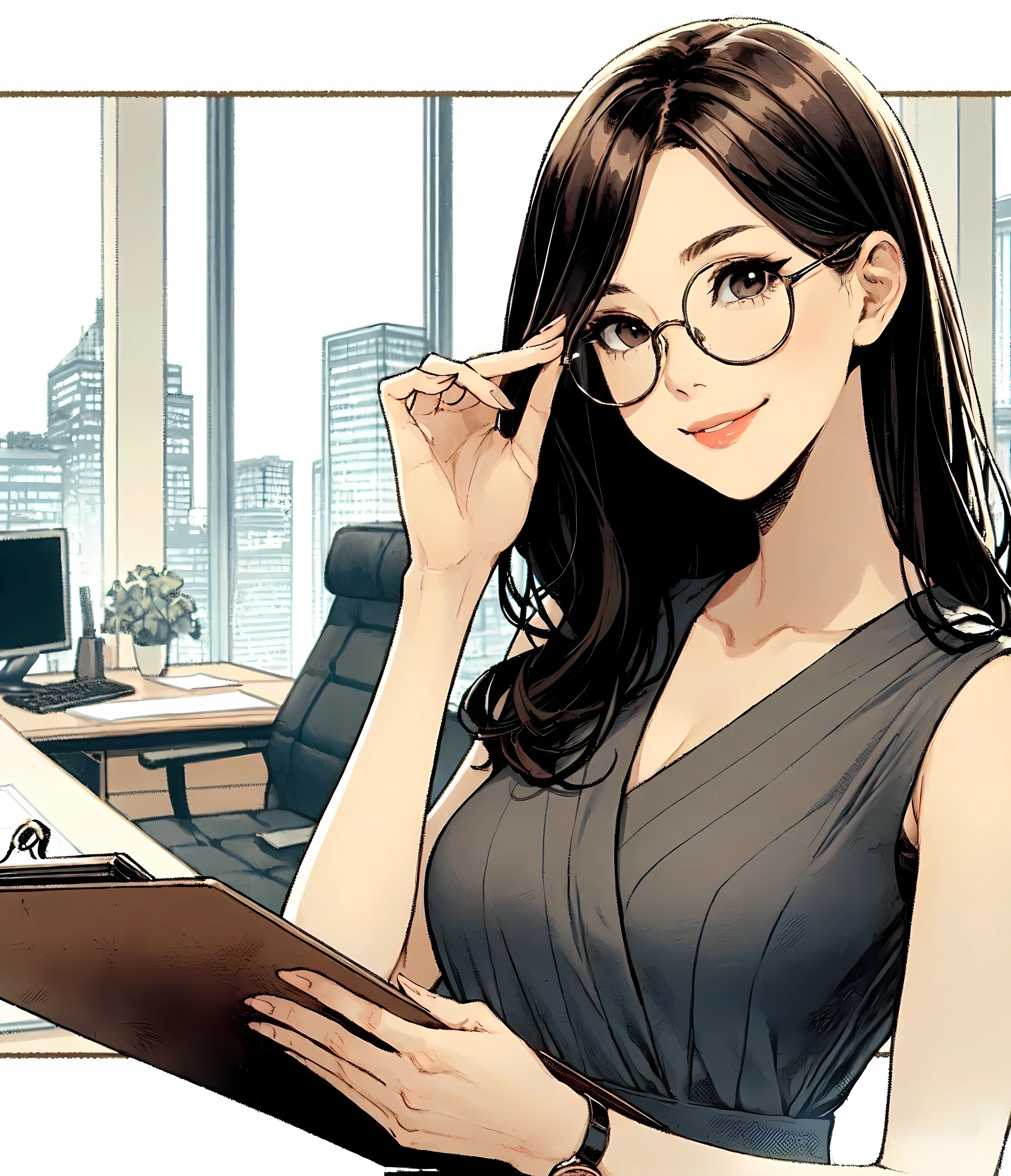 1lady standing, (touching edge of glasses with fingertips), secretary, (office casual) sleeveless, stylish outfit, (pencil skirt), (mature female:0.8), /(brown hair/) bangs, blush kind smile, (round glasses:1.1) eyewear, (masterpiece best quality:1.2) delicate illustration ultra-detailed, large breasts, (holding clipboard) BREAK (executive office) indoors, office, detailed background