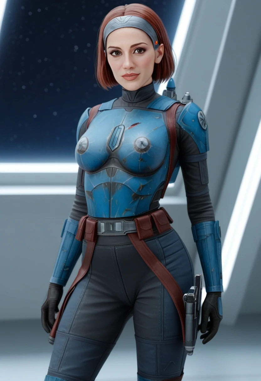 score_9_up, score_8_up, score_7_up, 1girl, solo, mature female, ((Bo Katan)), orange bob hair, brown eyes, pink lips, parted lips, fit slim body, (((Damaged blue and white Mandalorian armor suit))), (((white Starship room, space in the porthole, white furniture, highly detailed interior, white led backlight))), perfect model body, seductive pose, 