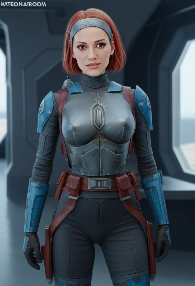 score_9_up, score_8_up, score_7_up, 1girl, solo, mature female, ((Bo Katan)), orange bob hair, brown eyes, pink lips, parted lips, fit slim body, (((Damaged blue and white Mandalorian armor suit))), (((white Starship room, space in the porthole, white furniture, highly detailed interior, white led backlight))), perfect model body, seductive pose, 