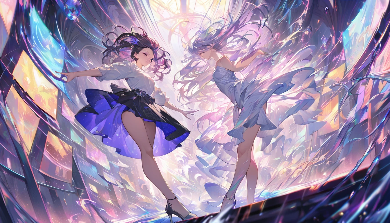 In a world filled with vibrant colors and intricate details, a graceful 2D anime-style woman moves elegantly in her modern room to the hypnotic beats of electronic dance music. She exudes a sense of beauty and grace, her modern outfit accentuating her fluid movements. This stunning image captures the essence of both contemporary fashion and dance, depicted in a high-quality digital painting that immerses viewers in the enchanting atmosphere of the scene. Every detail, from the flowing lines of her hair to the dynamic poses she strikes, is meticulously rendered with precision and skill.