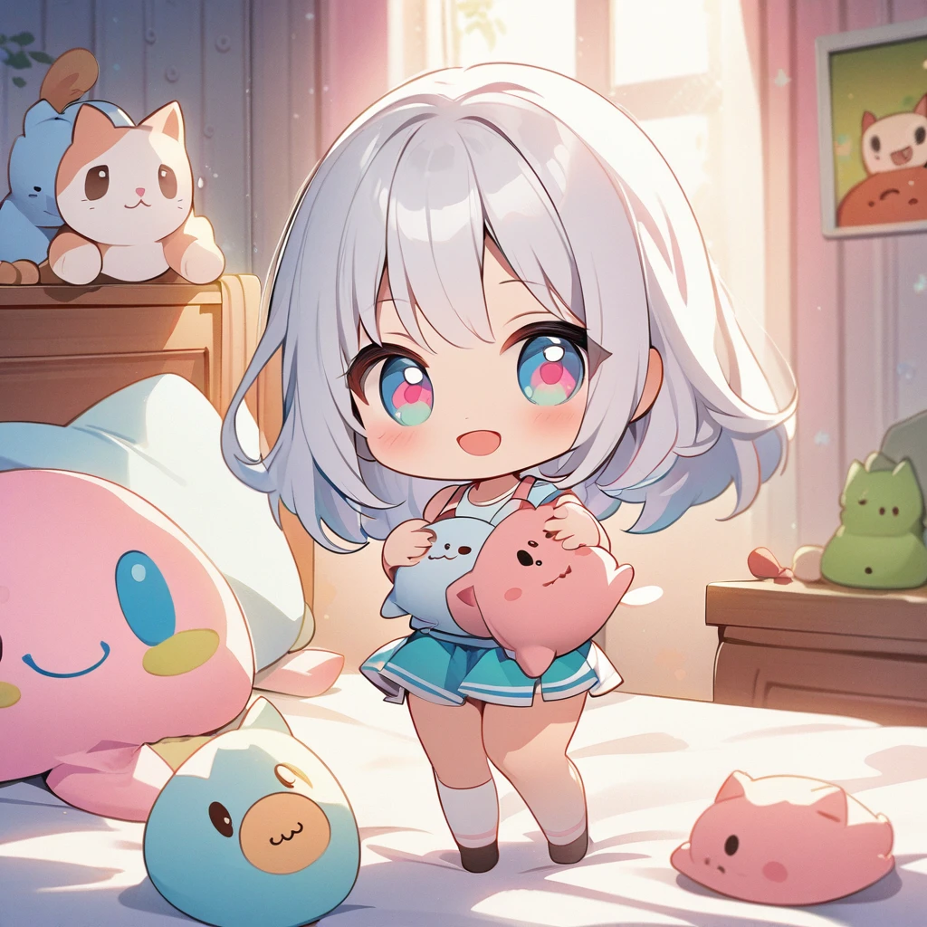 masterpiece、Highest quality、Depth of subject、((2D illustration))、1 beautiful girl、((colorful))、(((chibi style)))、((Long, beautiful hair))、Light silver hair、ribbon、cute、Beautifully detailed eyes、Tank top、((mini skirt))、(((vivid color))、socks、((in the room))、((bed))、stuffed toy、((medium shot))、((Very happy face))、((Holding a kitten))、((There&#39;s a lot of pink around))、((Lens flare))、White light is shining、Sunbeam、My whole body was filled with light、Cinematic lighting、Full body lighting