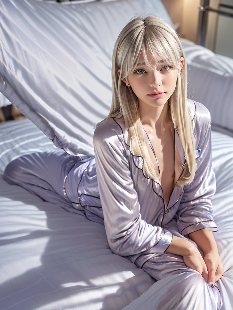 8K, RAW Photos, Fujifilm, Beautiful 20 year old woman style photo, (((Silver Blonde Hair:1.3,Beautiful silver blonde straight hair、Silky silver blonde)))、(((pajamas:1.5))) Gold earrings, (Highly detailed skin: 1.2), Light medium brown hair, Film Grain, 35mm, Cute Style、(((Lying in bed:1.5))), Bedroom, night, I'm about to go to sleep now., barefoot, mini skirt, Thighs