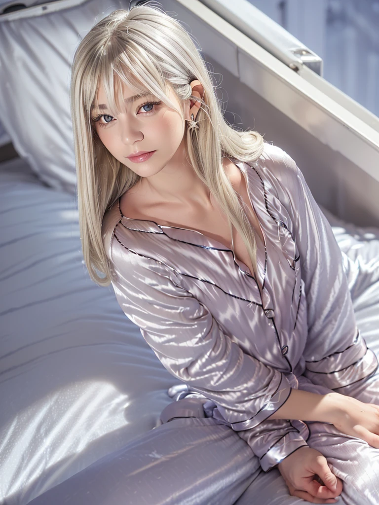 8K, RAW Photos, Fujifilm, Beautiful 20 year old woman style photo, (((Silver Blonde Hair:1.3,Beautiful silver blonde straight hair、Silky silver blonde)))、(((pajamas:1.5))) Gold earrings, (Highly detailed skin: 1.2), Light medium brown hair, Film Grain, 35mm, Cute Style、(((Lying in bed:1.5))), Bedroom, night, I'm about to go to sleep now., barefoot, mini skirt, Thighs