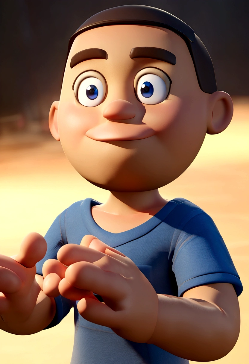 Cartoon character of a man, A blue T-shirt, un cartoon character, stylized character, animation style rendering, 3D stylized, Arnold Maya rendering, Render 3D stylized, Toon render keyshot, 3D character, 3D character, Stylized 3D rendering, 3d character rendering, cartoon character, Close-up character, Character pose, (Pixar Style) (master part:1.2) (bokeh) (Best Quality) (detailed skin) (Detailed texture) (8k) (clay) (cinematic lighting) (sharp focus，Sit up and raise your upper body.