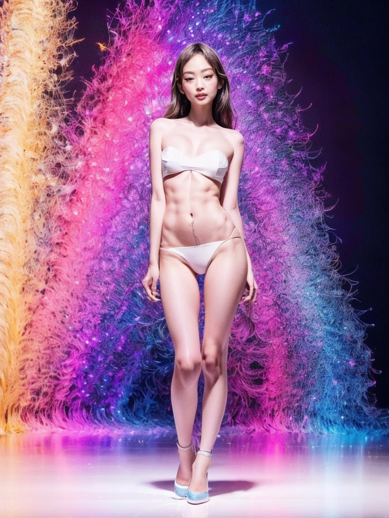 (Best quality, actual, photoactual, photo-actual, colorful, sharp focus), (full body, wide angle shot), (1 cute Japanese girl), (Nana Komatsu),Jackson Pollock action painting, kinetic expression, colorful hair, (Photograph Art Minimalism:1.1), simple background, studio.