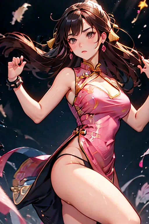(Pink Chinese dress:1.5),alone, Chun-Li Masterpiece, Highest quality, No sleeve、Shoulder strap、(Black Panties:1.5)、Cleavage、White loincloth:2、Get angry、30 years old,highkick、Fight
