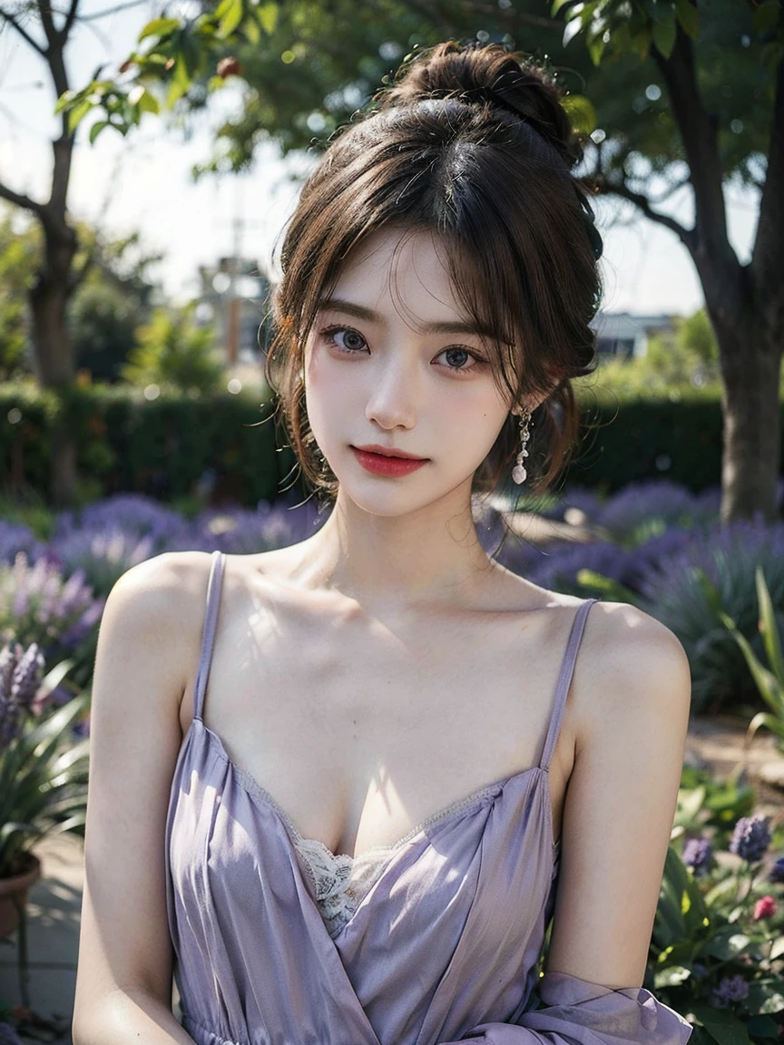 1girl, (looking at viewer:1.2), detail face, (a girl standing, rending on cgsociety, Lavender garden backdrop), romanticism, atmospheric, (RAW photo, best quality), (realistic, photo-realistic:1.3), masterpiece, an extremely delicate and beautiful, extremely detailed, D cup,Cleavage,Translucent brown tube top1.5)Hair in a bun,Small and delicate earrings,Exquisite eye details,Charming smile 1.5