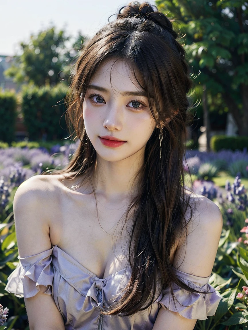 1girl, (looking at viewer:1.2), detail face, (a girl standing, rending on cgsociety, Lavender garden backdrop), romanticism, atmospheric, (RAW photo, best quality), (realistic, photo-realistic:1.3), masterpiece, an extremely delicate and beautiful, extremely detailed, D cup,Cleavage,Translucent brown tube top1.5)Hair in a bun,Small and delicate earrings,Exquisite eye details,Charming smile 1.5