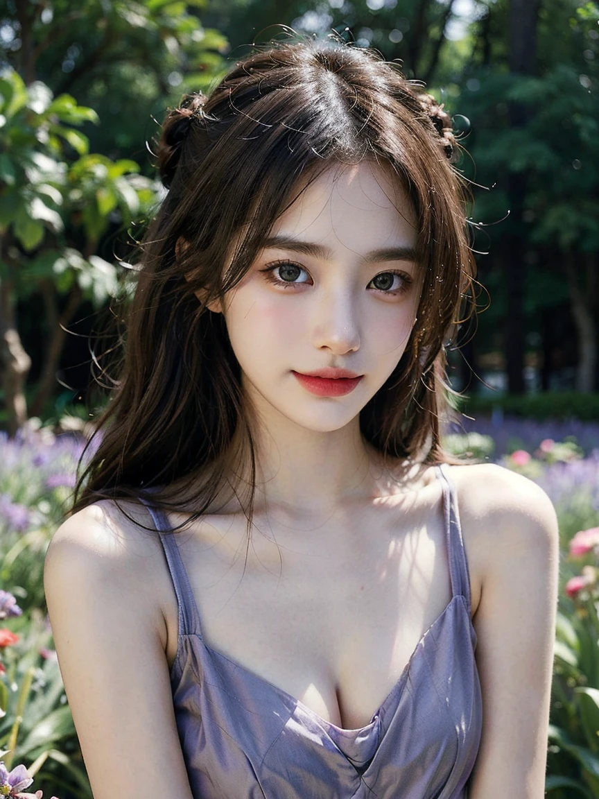 1girl, (looking at viewer:1.2), detail face, (a girl standing, rending on cgsociety, Lavender garden backdrop), romanticism, atmospheric, (RAW photo, best quality), (realistic, photo-realistic:1.3), masterpiece, an extremely delicate and beautiful, extremely detailed, D cup,Cleavage,Translucent brown tube top1.5)Hair in a bun,Small and delicate earrings,Exquisite eye details,Charming smile 1.5