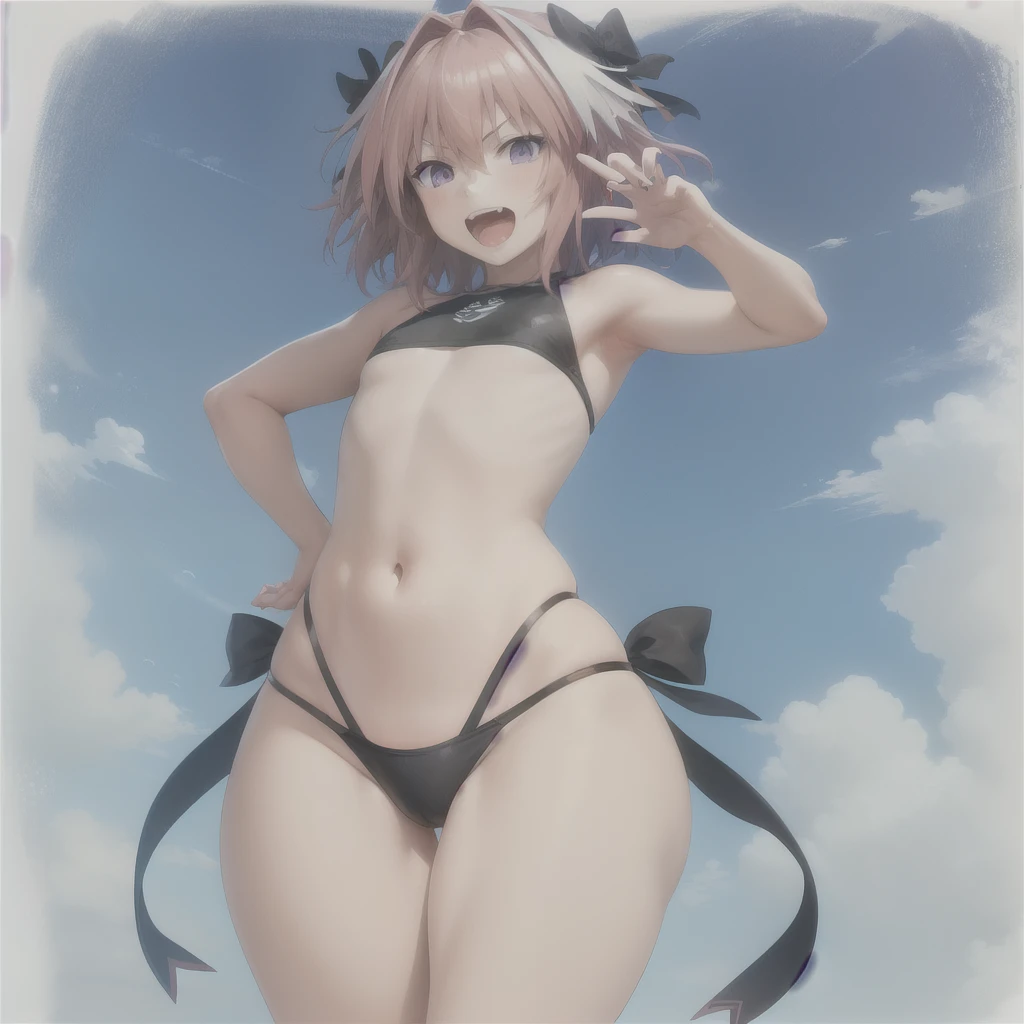 anime,1girl, (masterpiece, best quality),
astolfo, purple eyes, wide hips, thick thighs, flat chest, no breasts, full-body view, vividly colorful, dynamic pose, (highres)
blue sky, clouds,
