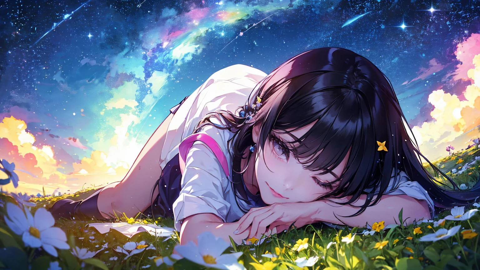 Describe a scene where a cute girl character is lying on a grassy hill, Looking up at the starry sky. Surround her with colorful nebulae and her favorite constellations.