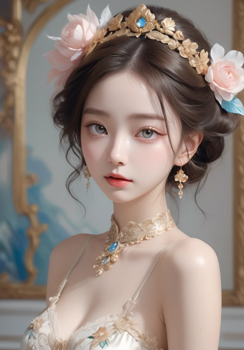 (photorealistic:1.5), (masterpiece, 8k raw photo, best quality:1.4),8k,Beautifully detailed delicate face, beautiful detailed delicate eyes, perfect facial proportions, high-detailed skin,Delicate girl,black eyes,flowers,glowing jewelry, ((whole body, including legs)),((Standing)),(open thighs),(open legs),rococo oil paintings,lace,bow,hem,hem,powder wig,gauze and satin,embroidery and beads,feathers and flowers,bright ribbons,fan,rococo oil paintings,shell patterns,design,asymmetric design,mirrors,mural and ceiling paintings,color,gold,gold,tender,gorgeous,high,incredibly absurd,clarity enhancement,detail reinforcement,