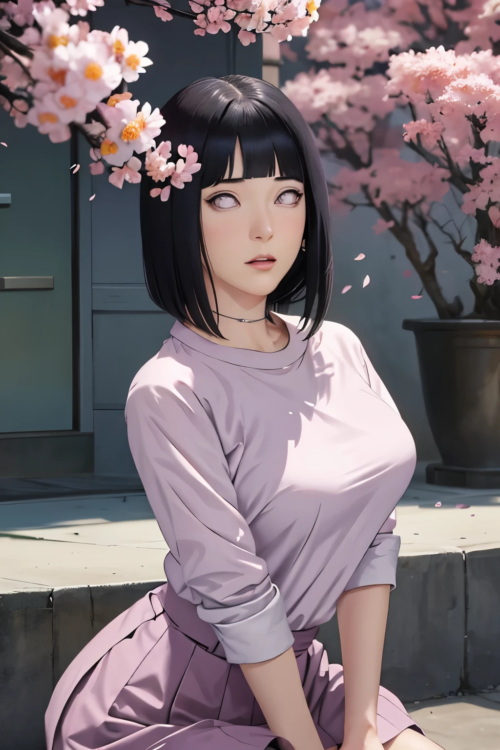 masterpiece, absurdres, hinata\(boruto\), 1girl, solo,mature female, tight shirt, high waist mini skirt, looking at viewer, (falling petals), perfect composition, detailed lips, big breast, beautiful face, body propotion, blush, (pink lips), long hair,  purple eyes,  soft gaze,  super realistic, detailed, photoshoot, realistic face and body,