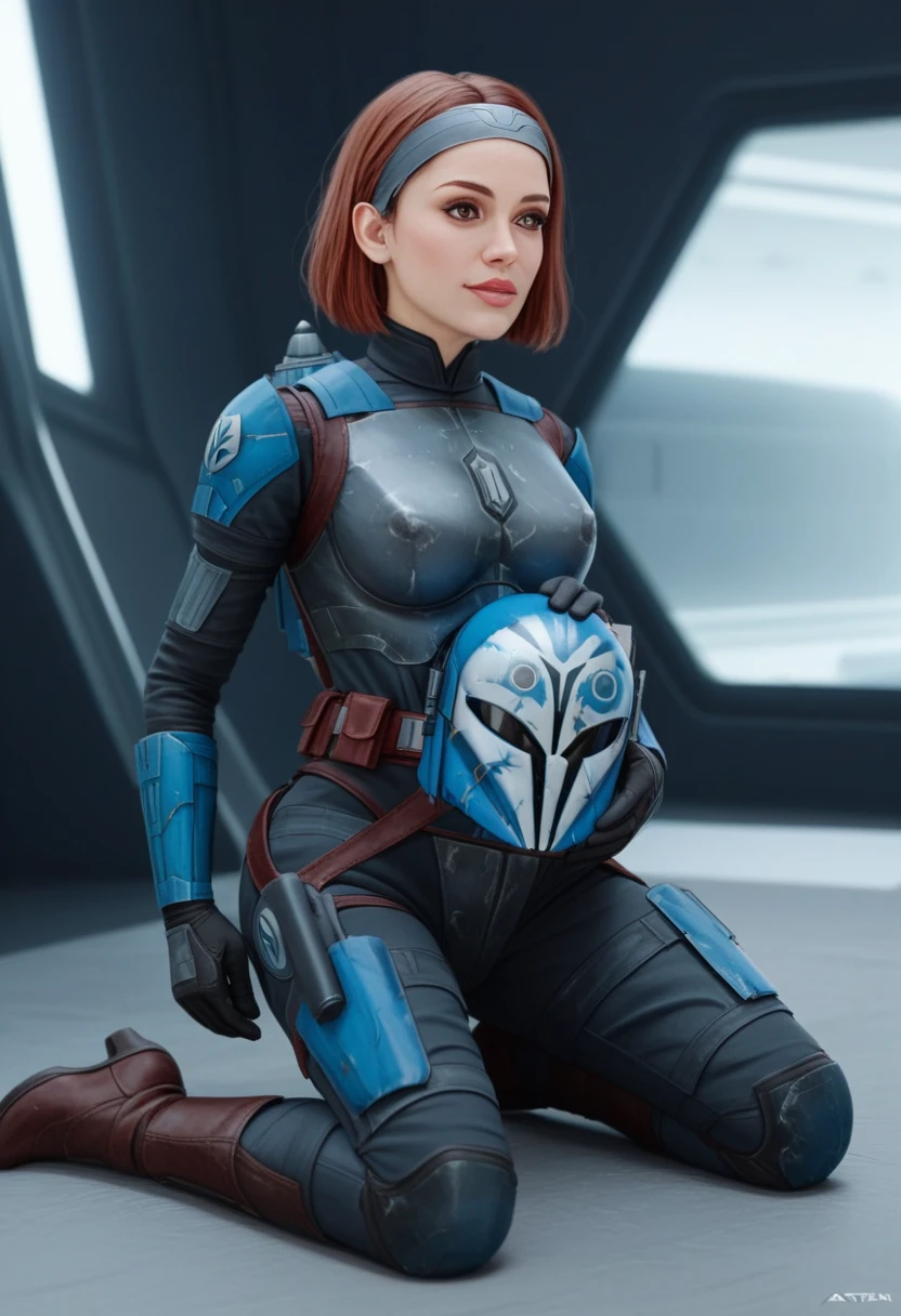 score_9_up, score_8_up, score_7_up, 1girl, solo, mature female, ((Bo Katan)), orange bob hair, brown eyes, pink lips, parted lips, fit slim body, (((Damaged blue and white Mandalorian armor))), (((white Starship room, space in the porthole, white furniture, highly detailed interior, white led backlight))), perfect model body, seductive pose, kneeling and showing her ass and pussy, from behind bottom, close ass look