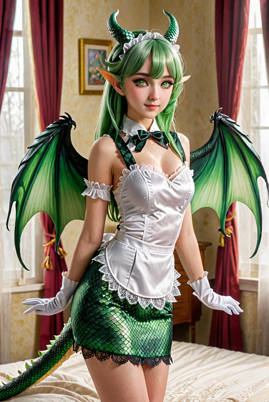 A maid stands beside a bed, illuminated by the soft morning light filtering through the curtains. She has long, soft green hair cascading over her shoulders and striking green eyes. Her white, smooth skin features patches of green scales on her wings, tail, cheeks, thighs, and the sides of her stomach. She also has small, curved horns on her head. Her wings are small and dragon-like, and her tail is covered in green scales. The scales on her body shimmer slightly in the light. She is wearing a black and white maid outfit designed to be both practical and alluring, with a form-fitting bodice and a short skirt that accentuates her graceful figure. Her outfit also has delicate lace trims and a small apron tied at the waist. Her expression is firm yet concerned as she looks down, focusing on her detailed and unique appearance. The room is softly lit with morning light, highlighting her striking features and the intricate details of her outfit and scales