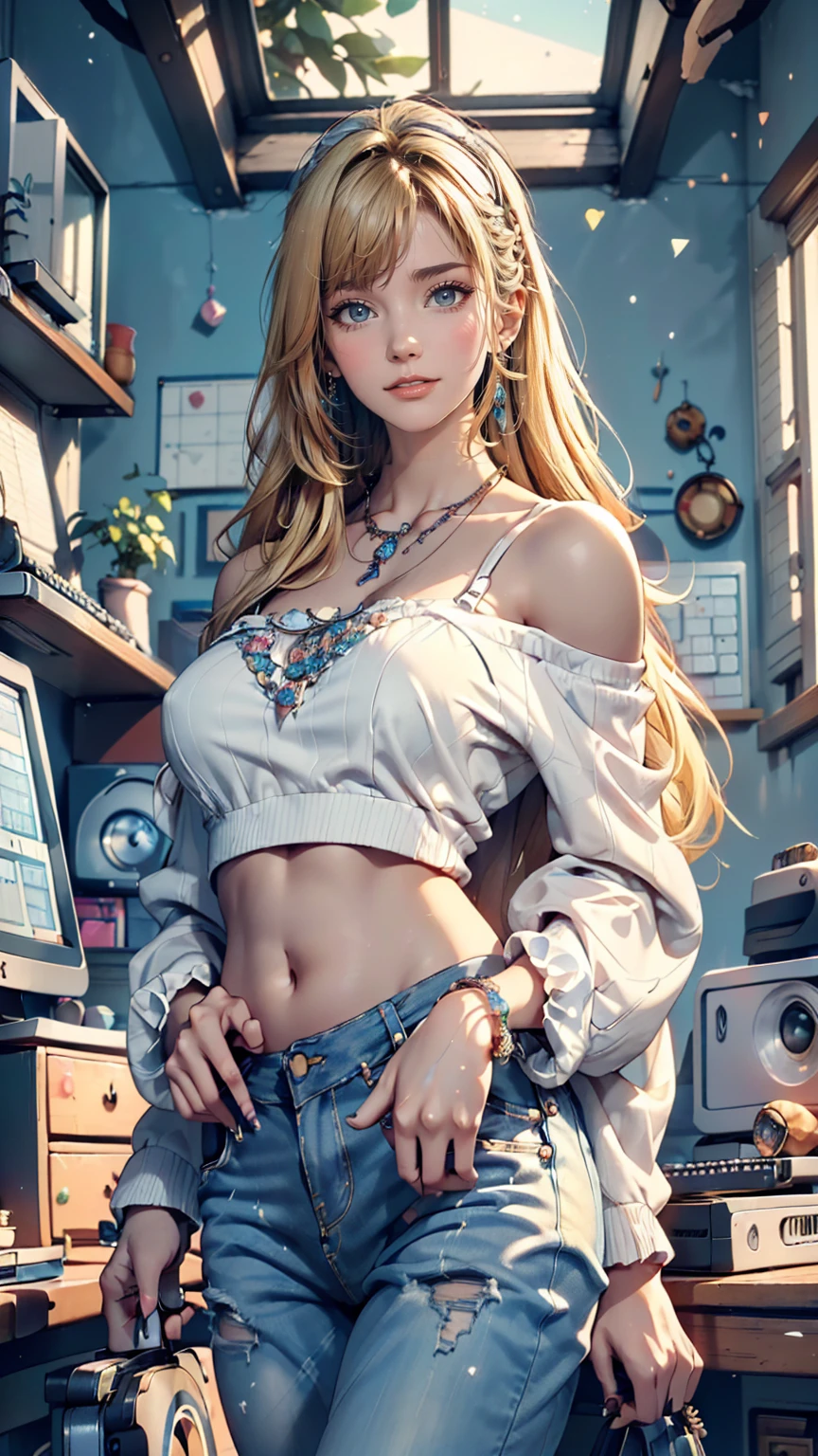 (8K, RAW Photos, Highest quality, masterpiece:1.2), (Realistic, photo-Realistic:1.37)、19-year-old Caucasian female、Blonde、Wear off-the-shoulder tops、I can see my belly button、Wear low rise skinny jeans、Teenager's room(((Cute accessories)))、(((computer)))、The wall is pastel blue、(((guitar)))、smile