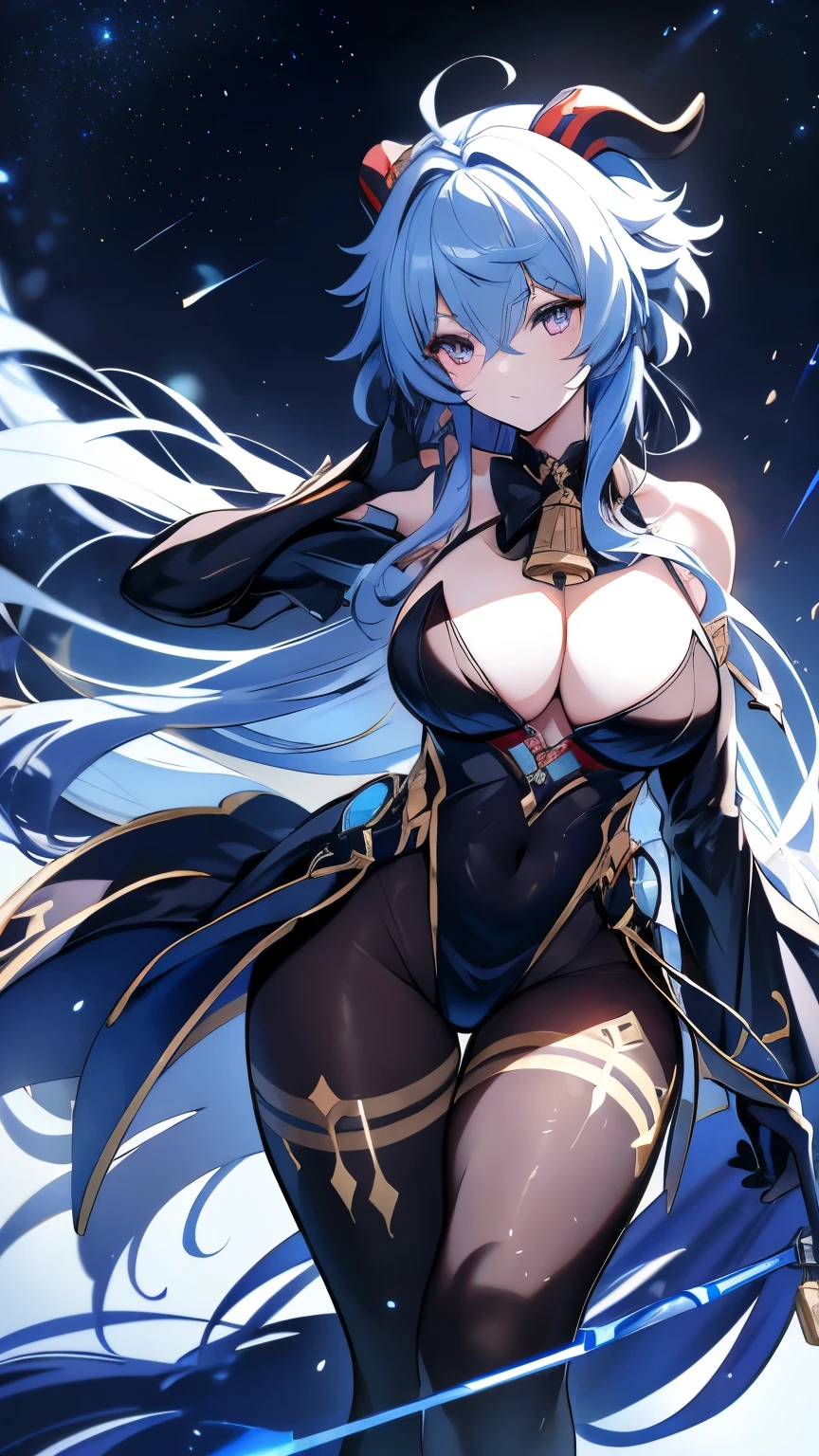 ((Hired \(Genshin Impact\))))((masterpiece、8L、War Photos、highest quality、Realistic painting style、Cinema Lighting、Backlight)) Big chest、Great cleavage,A big bit of side boob is visible、Neck length laser tights、One Girl, alone,Long legs、Thin legs、Perfect Style、Long Hair, Blue Hair, Purple eyes,Horn、Neck bell, Black 80 denier pantyhose, Removable sleeves, Black gloves, Pelvic Curtain、Dynamic pose, Has a bow weapon, Starry Sky、Night view, (Particles of light: 1.1), Thick Fog and hot beautiful girl with a big chest and a big bit of in front is visible and bikini sexy