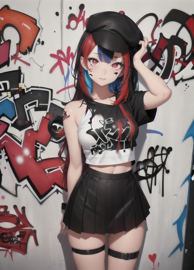 masterpiece, best quality, 1girl, solo, black hanting hat, black shirt, black mini skirt, (graffiti:1.5), paint splatter, arms behind back, against wall, looking at viewer, armband, thigh strap, paint on body, head tilt, bored, red and multicolored hair, red eyes,