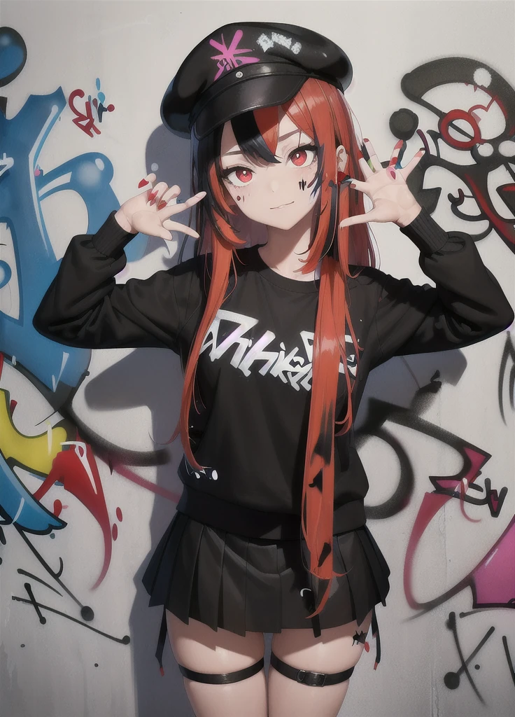 masterpiece, best quality, 1girl, solo, black hanting hat, black shirt, black mini skirt, (graffiti:1.5), paint splatter, arms behind back, against wall, looking at viewer, armband, thigh strap, paint on body, head tilt, bored, red and multicolored hair, red eyes,