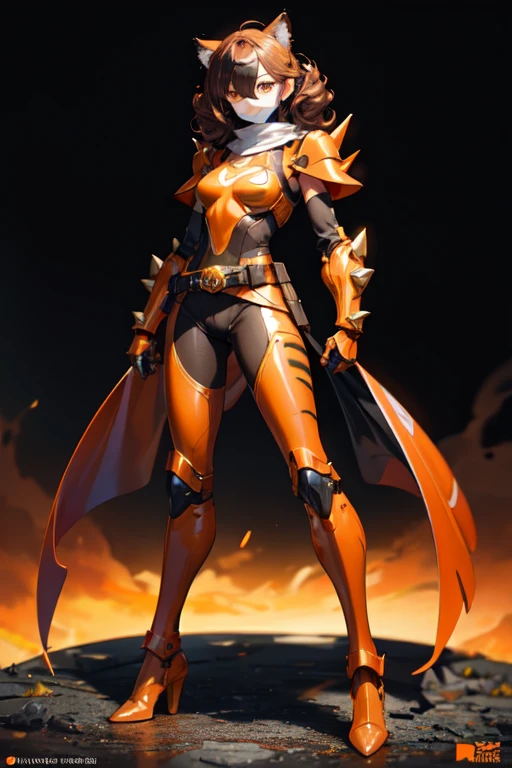 ((best quality)), ((masterpiece)), (detailed), 1 girl, full body, 20s, young adult, masked, eye mask, orange mask that covers half of her face, spiked mask, evil smile, metallic goblin ears, long white scarf, gremlin, yellow cat eyes, curly brown hair with a lock, brown neck, somewhat short, very thin, hunched over, long metal claws, spikes on her forearms, brown details, brown fingerless gloves, orange wristbands, orange nanotech suit, light armor, orange chest with an emblem, high shoulder pads, orange suit with brown stripes, brown tiger stripes, triangle emblem on her chest, orange emblem, orange pants, orange knee pads, metallic orange boots, metallic orange shoes, brown superhero belt, standing on a building, city background, anime