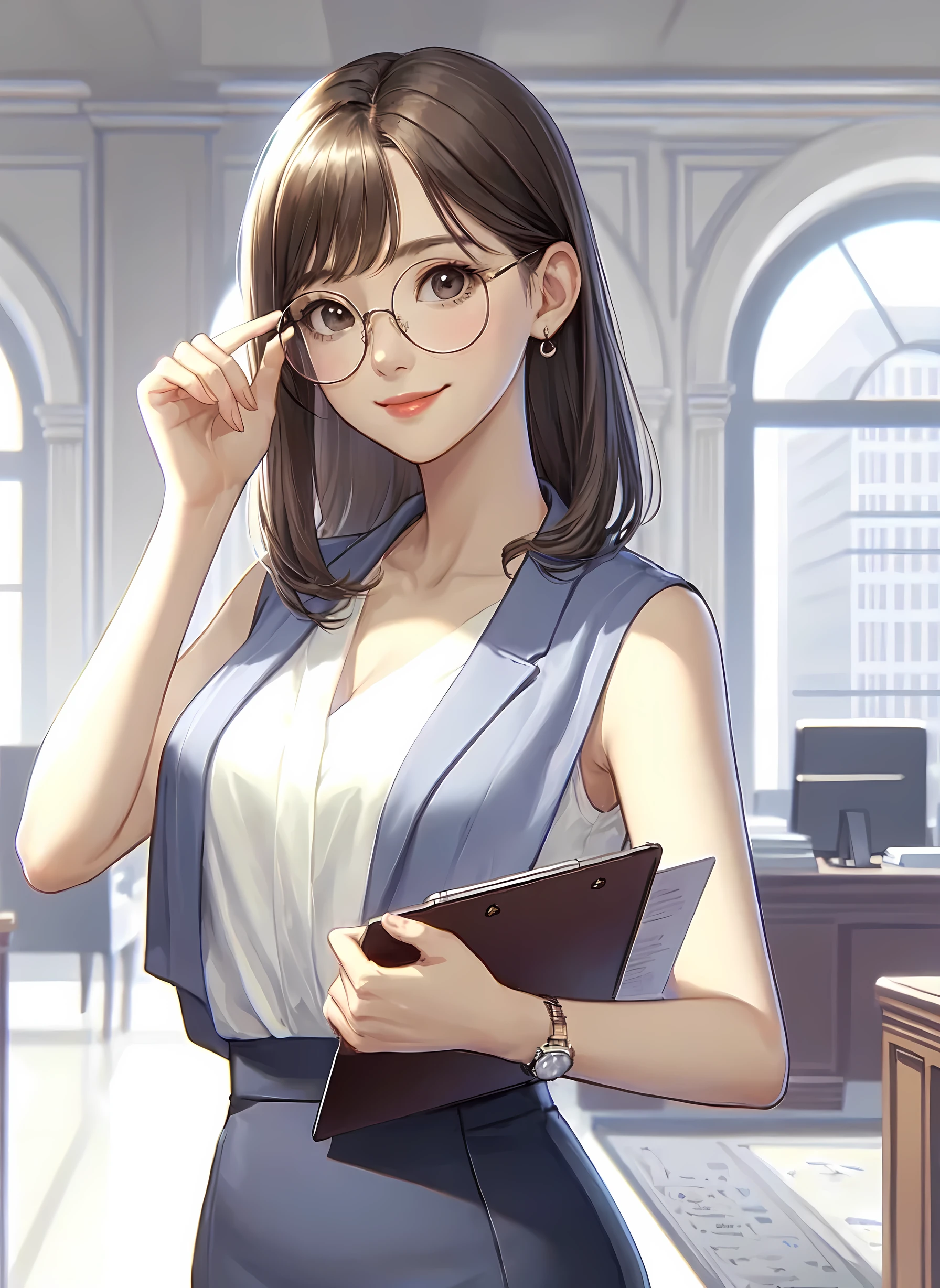 1lady standing, (touching edge of glasses with fingertips), secretary, (office casual) sleeveless, stylish outfit, (pencil skirt), (mature female:0.8), /(gray brown hair/) bangs, kind smile, (round glasses:1.1) eyewear, (masterpiece best quality:1.2) delicate illustration ultra-detailed, large breasts, (holding clipboard) BREAK (executive office) indoors, office, detailed background