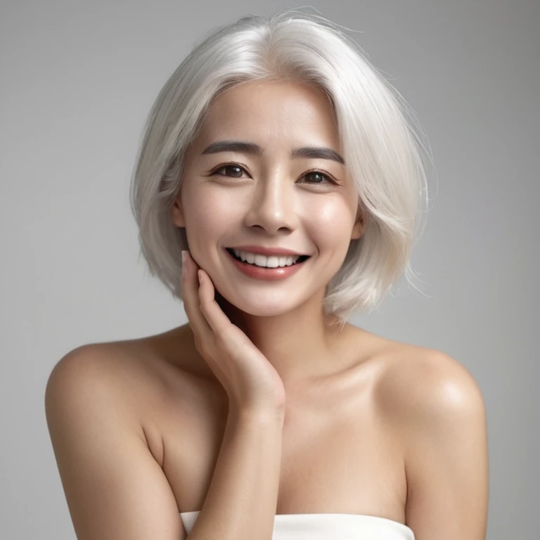 Woman with skin glowing with embarrassment as she expresses shyness, in high resolution, woman with white hair without clothes showing her vagina, while showing pleasure