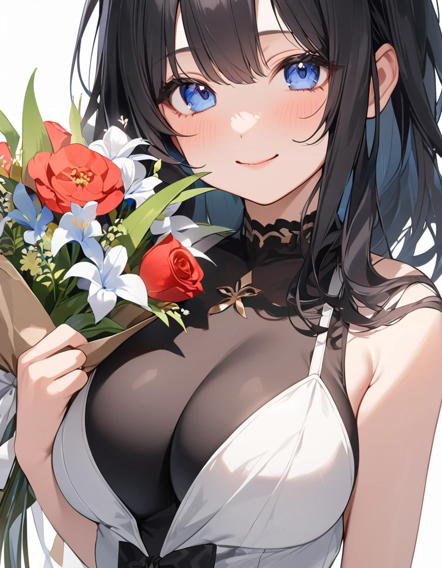 (Highest qualityのイラスト、Simple white background:1.2), (cute女の子:1.1), (1 girl、、), (1 girl、Kind eyes、blue eyes)、Black Hair、Semi-long hair、(Highest quality、Very detailed、cute、Ultra-high resolution) 、Black Hairの美少女、smile、Bunny girl、Black leotard、Larger breasts、holding a big bouquet、Close-up