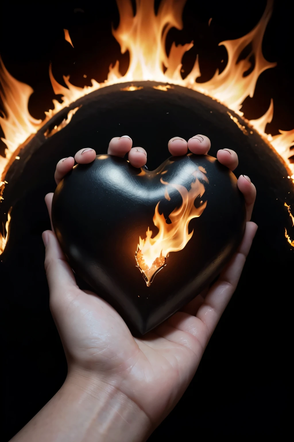 A hand holding a black heart burning with fire 